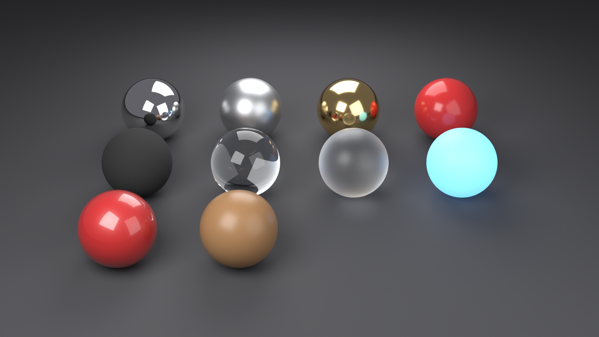 A portfolio render of the ten finished project materials arranged on a grid of spheres: chrome, brushed steel, gold, glossy red plastic, black rubber, clear glass, frosted glass, cyan emissive, red car paint, and polished wood, lit in a neutral studio.