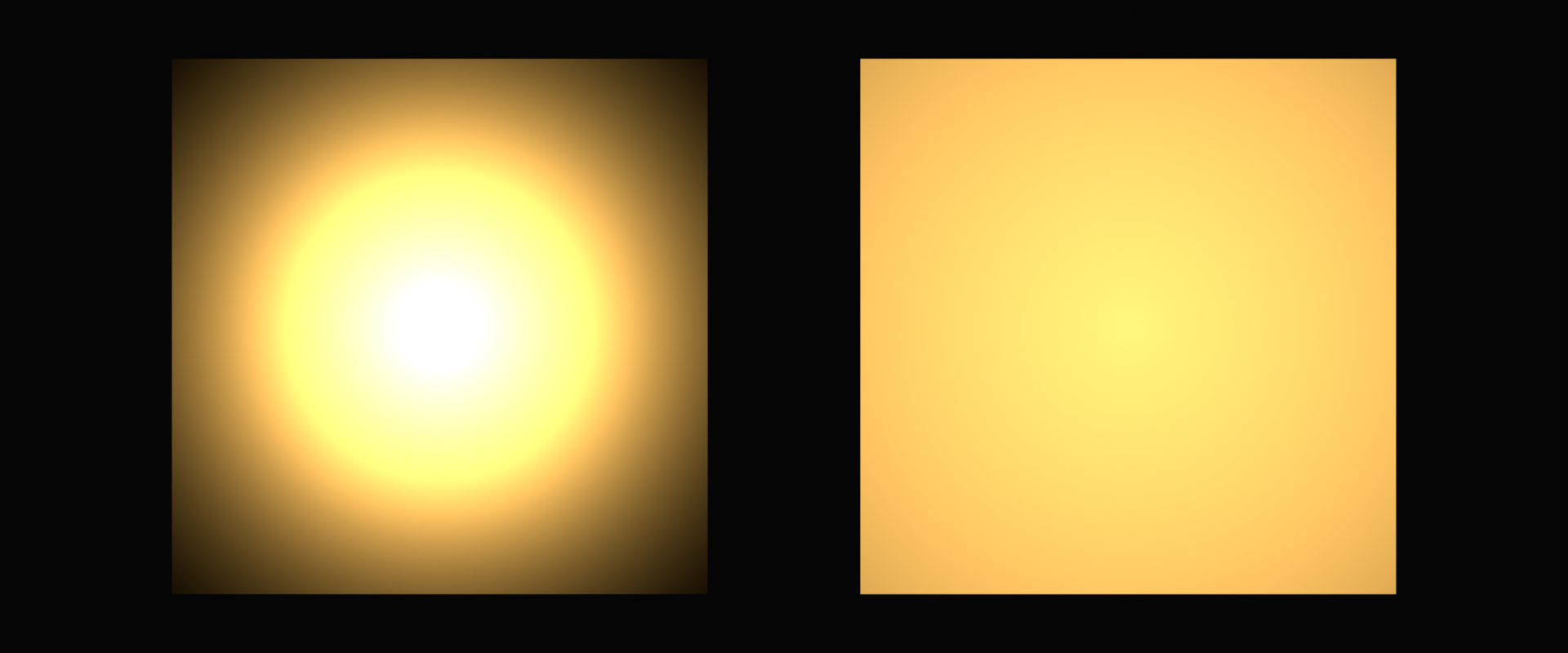 Two glowing panels carrying the same total light energy. The left panel, a smooth surface at roughness 0.1, concentrates the energy into a small intense hotspot. The right panel, a rough surface at roughness 0.8, spreads the same energy across a large, dim, even area. Roughness changes how the energy is distributed, not the total amount.