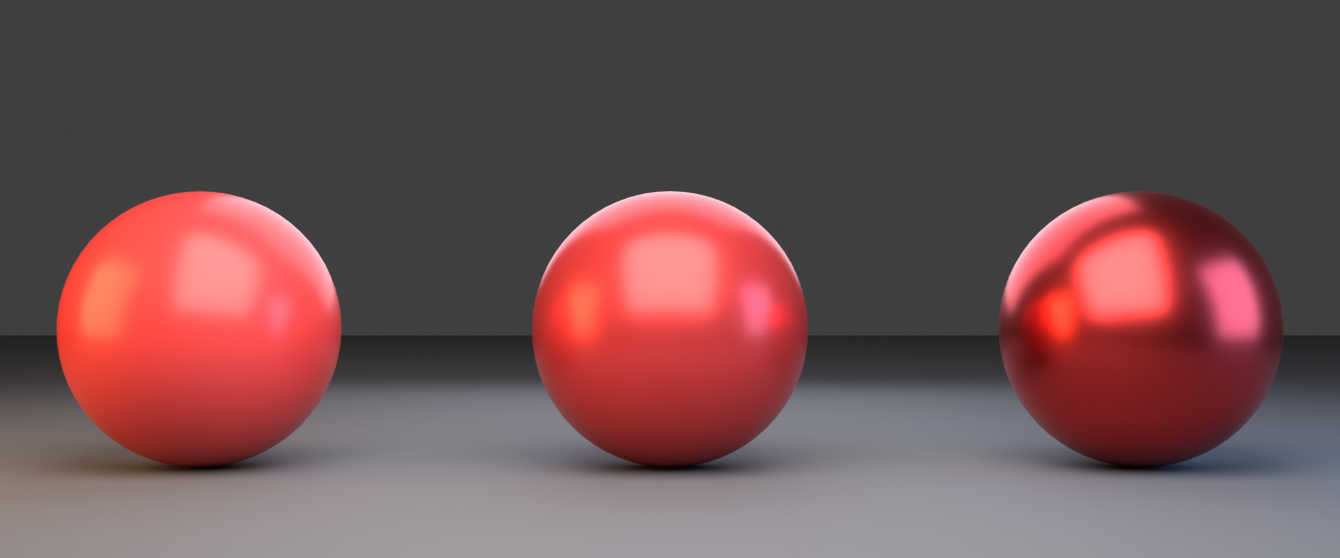 Three red spheres rendered with the same base color and roughness but different Metallic values. The left sphere at Metallic 0.0 shows a clear diffuse red surface with a soft white highlight. The center sphere at Metallic 0.5 looks uncanny and physically wrong and is crossed out with a NEVER USE warning. The right sphere at Metallic 1.0 reads as true metal, with darker body and colored, environment-tinted reflections.
