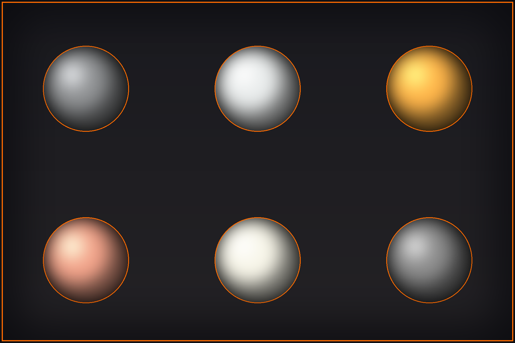 A reference chart of six metal swatches in two rows. Top row: Iron or Steel, a slight blue-gray; Aluminum, bright silvery; Gold, yellow-orange. Bottom row: Copper, reddish-brown; Silver, slightly warm white; Chrome, neutral gray. Each swatch is labeled with its base color as linear RGB values and an sRGB hex code. Most metals are near-grayscale; only gold and copper carry strong color.