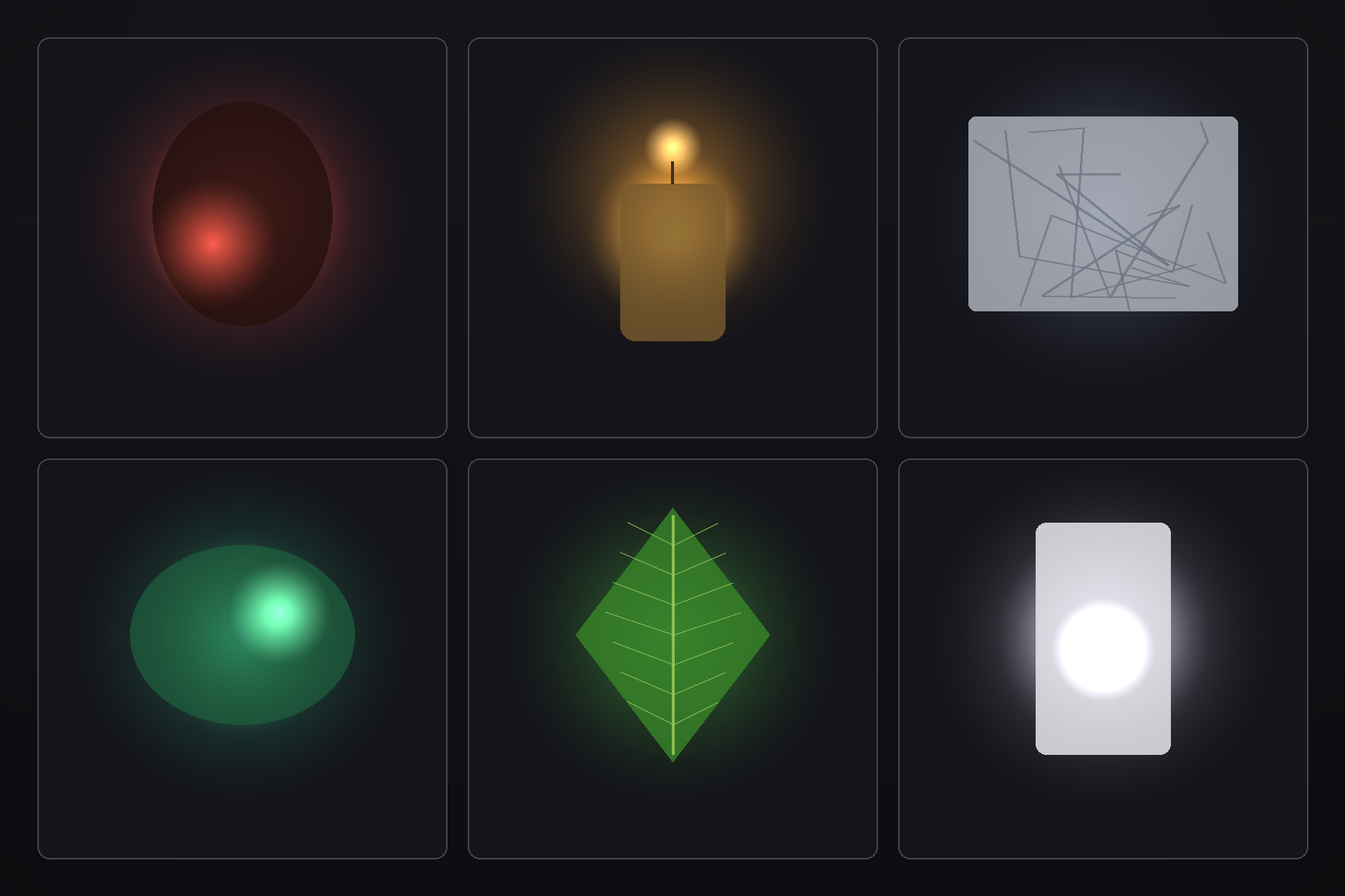 Two-by-three grid of translucent materials (Skin, Wax, Marble, Jade, Leaf, Milk) each backlit to show its characteristic subsurface glow.