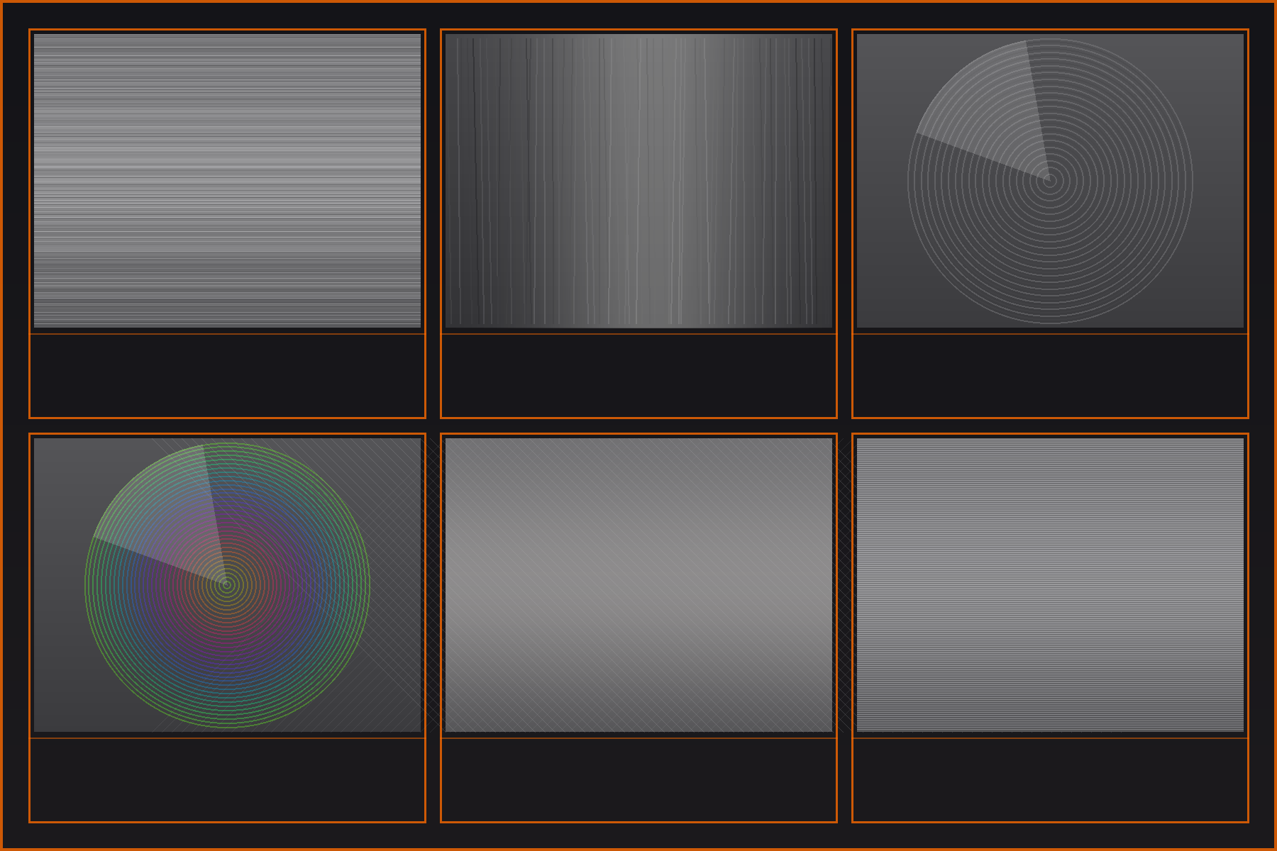 Two-by-three grid of anisotropic materials (Brushed Metal, Hair, Vinyl Record, CD-DVD, Satin, Machined) each showing its directional sheen pattern with a brush-direction arrow.