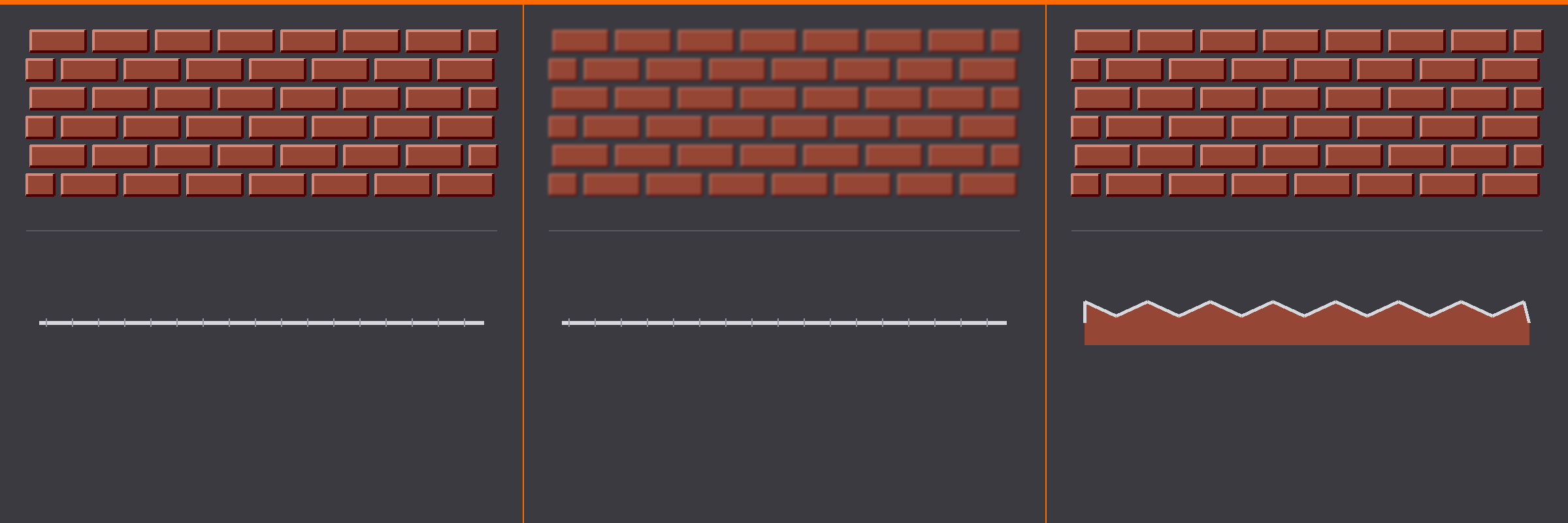 Three-panel comparison of surface-detail methods on the same brick: Normal Map (crisp relief, flat profile), Bump Map (softer relief, flat profile), and Displacement (crisp relief with a real jagged silhouette in profile).