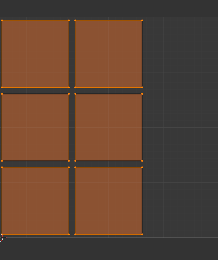 UV editor showing six rectangular UV islands arranged in a three-by-two grid in the lower-left of the 0 to 1 UV space, each outlined in orange with selected corner vertices. The remaining UV space to the right is empty.