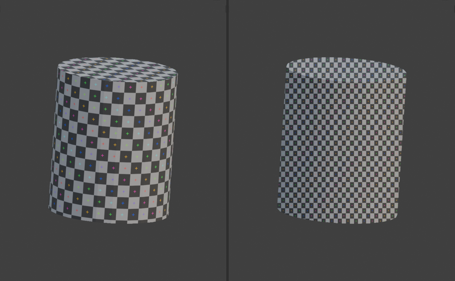Two cylinders side by side, both with a checker test texture. The left cylinder shows an even, regular checker pattern with square cells of consistent size. The right cylinder shows the same checker badly stretched and smeared, with cells distorted into uneven rectangles.