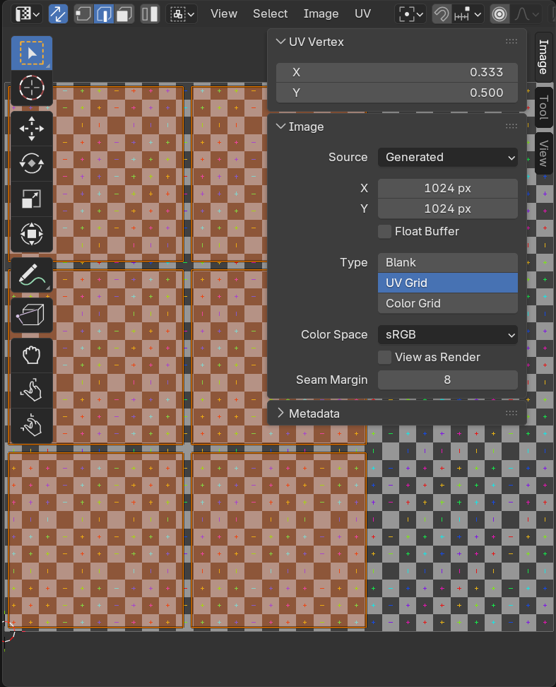 The UV Editor with its main regions visible: the top menu header, the vertical tool column on the left, the central canvas filled with orange UV islands over a UV-grid checker covering the 0 to 1 space, and the open N-panel sidebar on the right showing UV Vertex and Image settings.