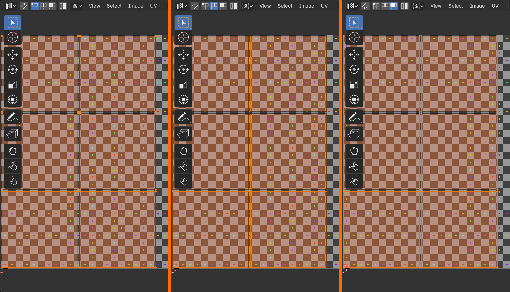 Three side-by-side UV Editor panels separated by orange dividers. In each panel a different select-mode button is highlighted in the header: vertex mode in the first, edge mode in the second, and face mode in the third, with the same checker-textured UV islands shown below.