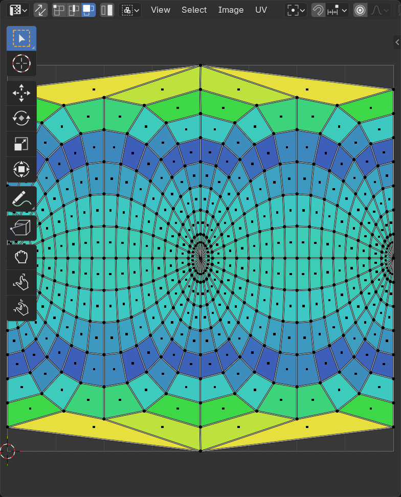 A sphere unwrapped with a sphere projection, shown in the UV Editor with the area-stretch overlay enabled. The faces are tinted across a color ramp: mostly blue and cyan through the middle, shifting to green and then yellow toward the heavily compressed top and bottom poles.