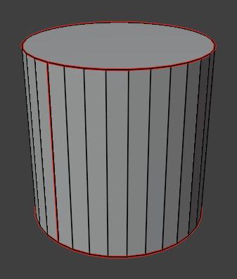 A capped cylinder in Edit Mode with its top rim, bottom rim, and one vertical side edge marked as seams, shown as red edges over the grey wireframe.