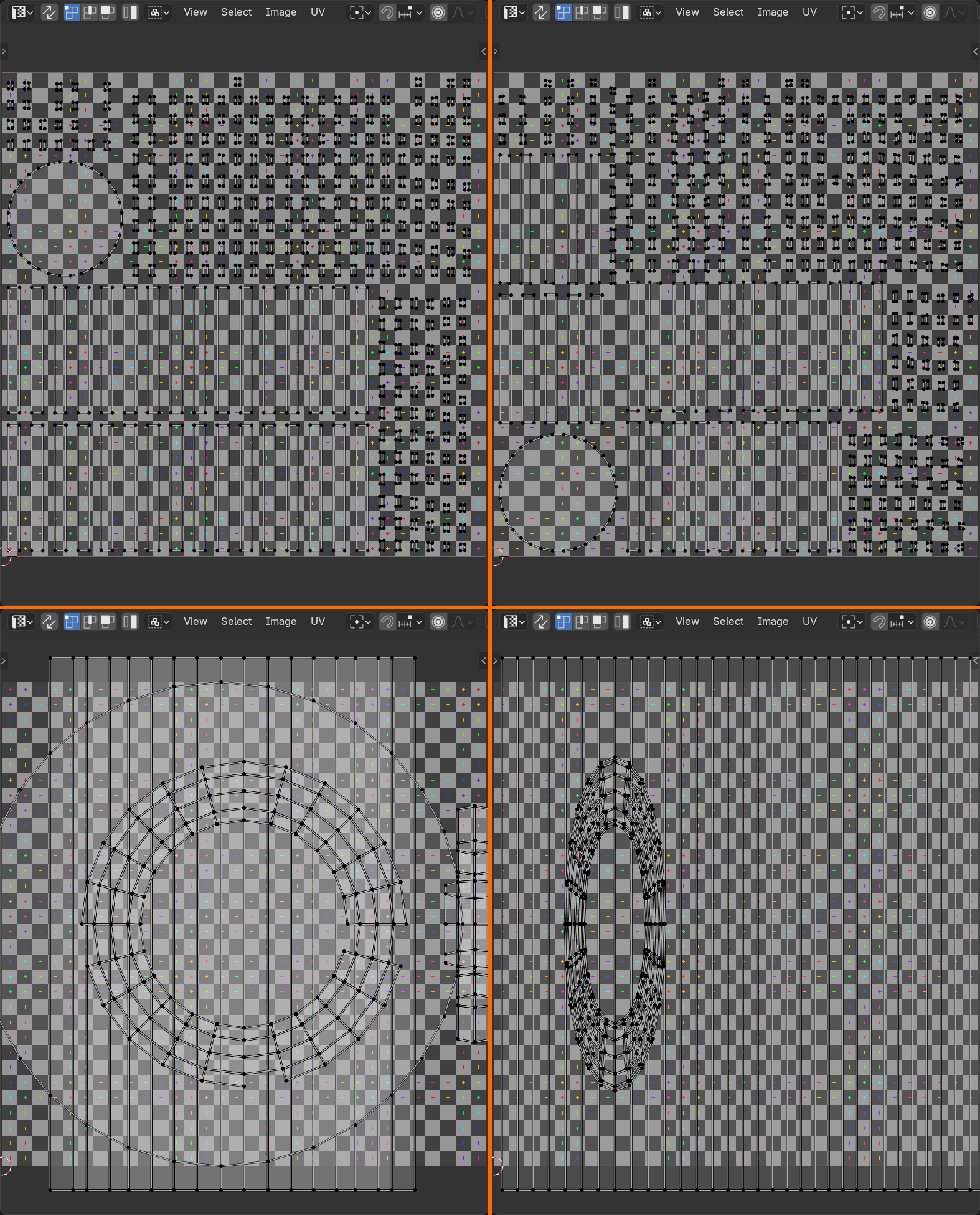 The same mug unwrapped four ways, shown as a two-by-two grid of UV Editor views: Standard Unwrap (top left) produces angle-based islands, Smart UV Project (top right) packs many small islands, Cube Projection (bottom left) overlaps the body into concentric rings, and Cylinder Projection (bottom right) wraps the body into a single tall barrel.