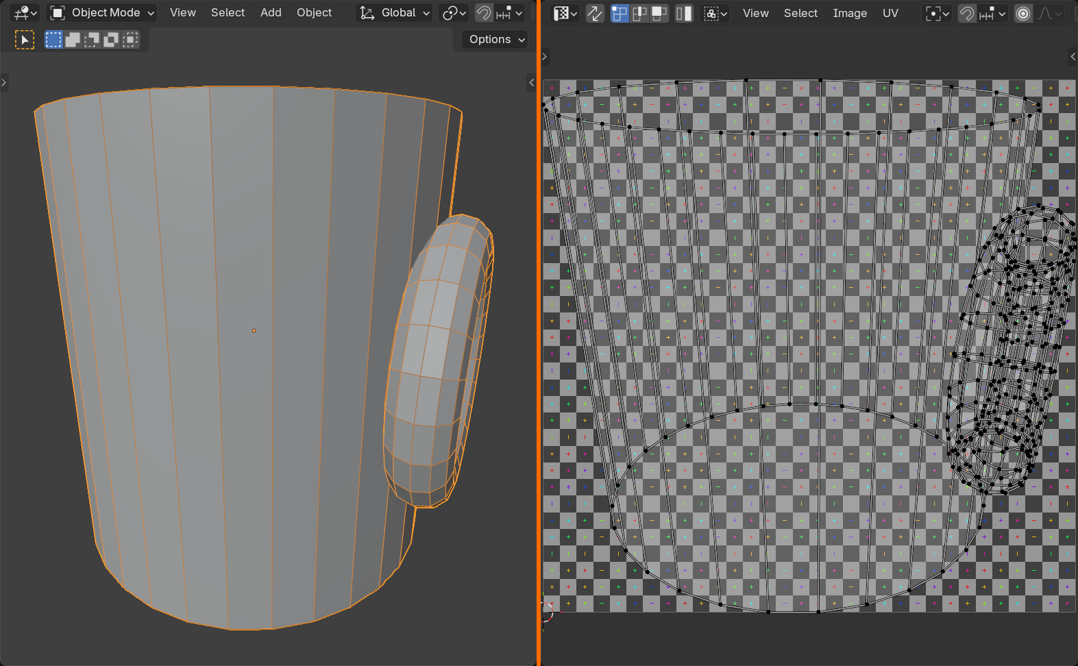 Two panels side by side: on the left, the 3D Viewport shows a mug at a three-quarter angle in Edit Mode; on the right, the UV Editor shows the resulting flat projection, where the mug body and handle keep the same silhouette and position they had in the viewport.