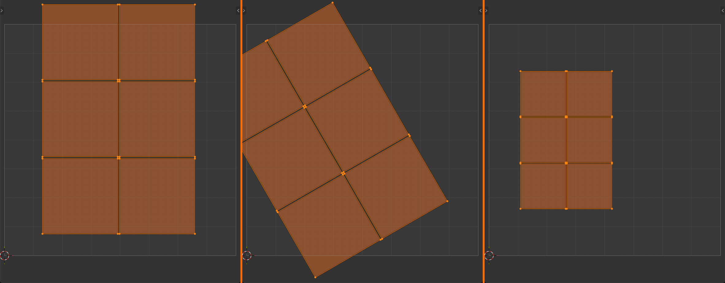 Three UV editor panels of the same island: the first shows it moved to a new position, the second shows it rotated about thirty degrees, and the third shows it scaled down, each against the same fixed 0 to 1 grid.