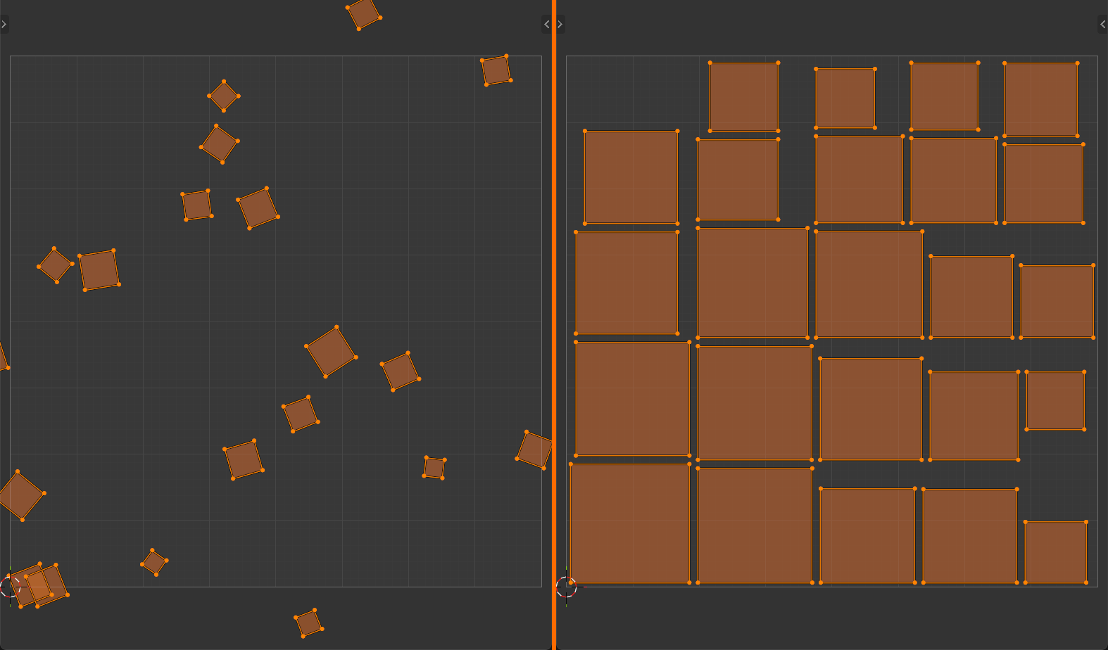 Two UV editor panels. On the left, islands are scattered, rotated, and sized inconsistently across the UV space. On the right, after Pack Islands, the same islands are tightly arranged and axis-aligned within the 0 to 1 square.