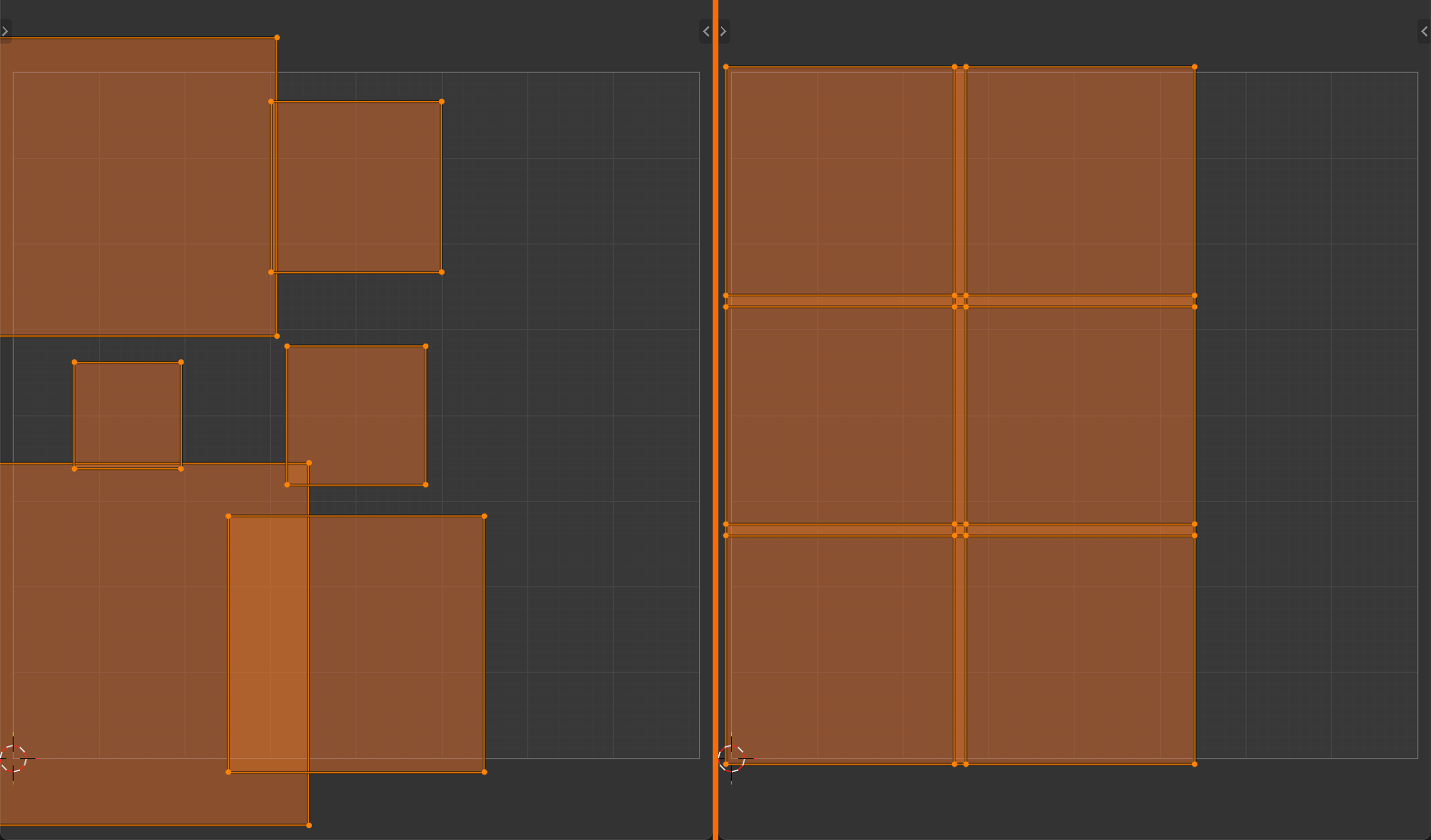 Two UV editor panels. On the left, islands from the same model sit at mismatched scales, so some surfaces would receive far more texture pixels than others. On the right, after Average Island Scale, every island shares a consistent scale.