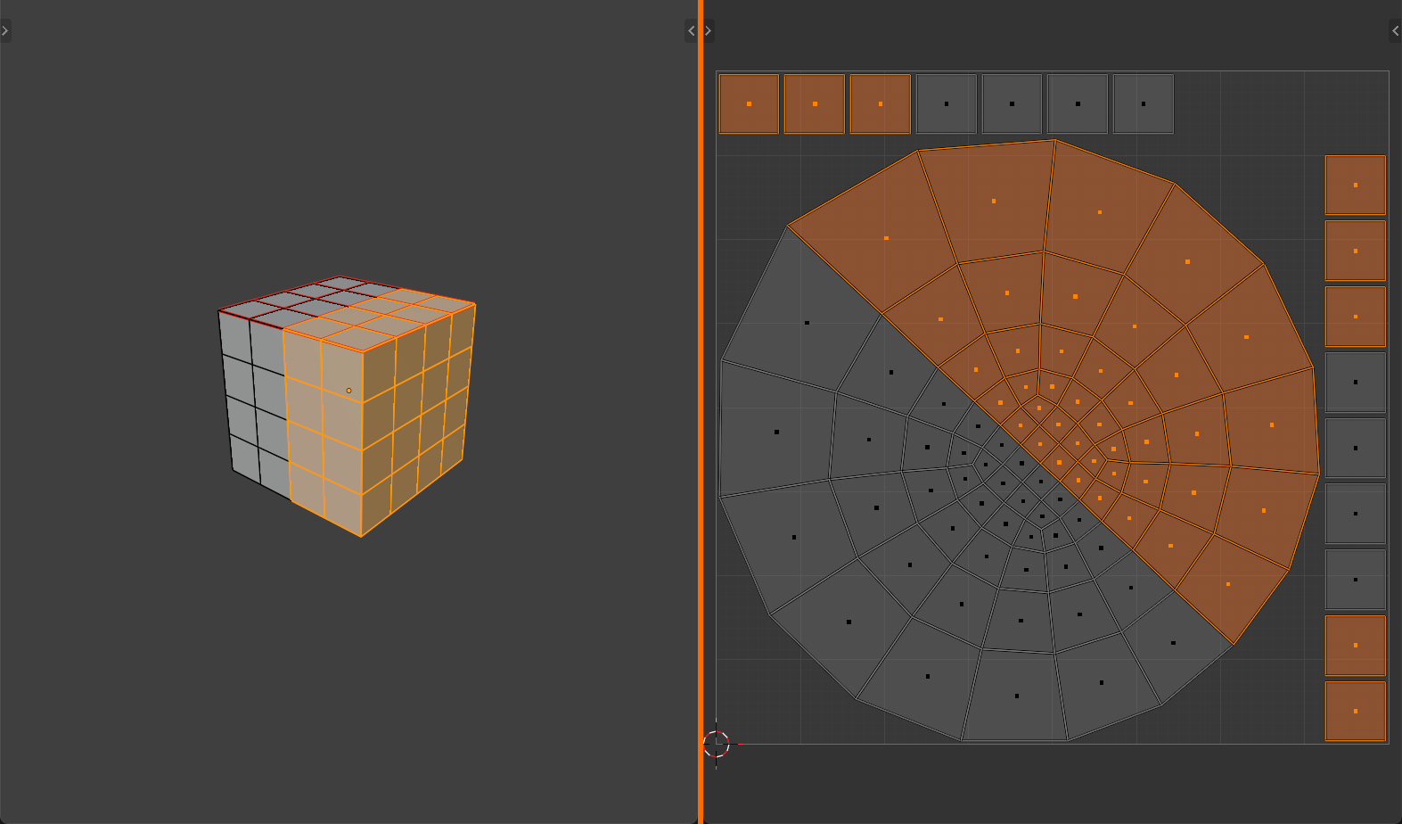 Two panels. On the left, a symmetrical model with one half selected. On the right, the UV Editor shows that selected half lit over the identical unselected half, so both share the same UV space in a single mirrored layout.