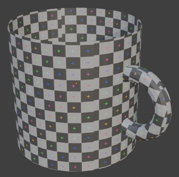 A 3D mug with a uniform checker UV-grid texture, every checker square roughly the same size across the body and handle, indicating consistent texture density.