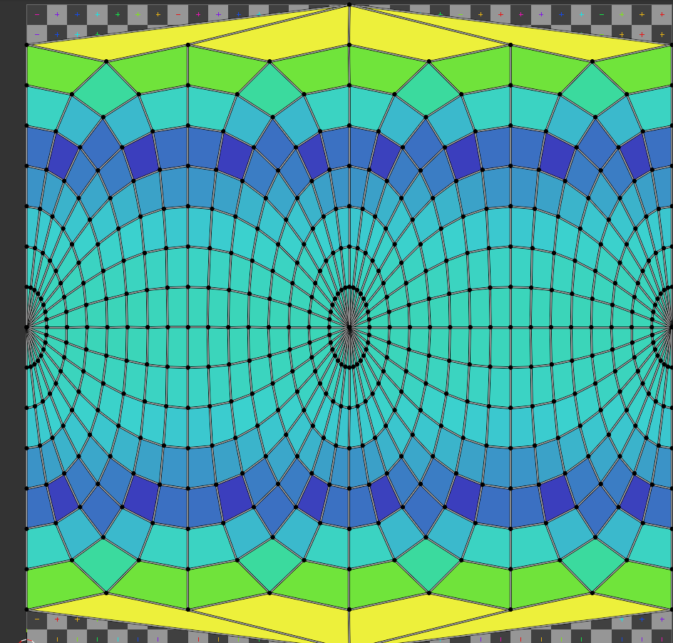 A UV island shown in the UV Editor with the Display Stretch area overlay, faces colored from blue and cyan through green to yellow showing increasing area distortion toward the edges.