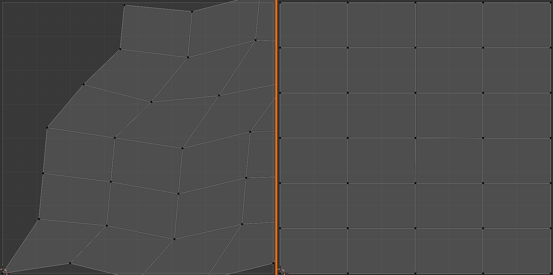 A two-panel UV Editor comparison: a skewed, irregular island on the left and the same island straightened into an even rectangular grid on the right, separated by an orange divider.