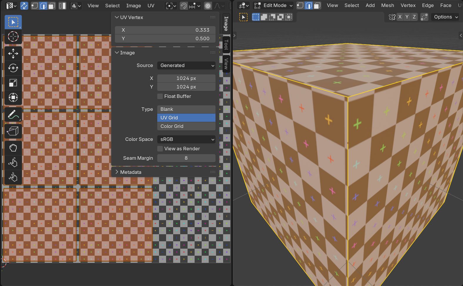 The UV Editing workspace split into two panes: the UV Editor on the left showing the flattened UV islands over a checker texture, and the 3D Viewport on the right showing the same cube orbited in Edit Mode with the UV-grid texture applied. The viewport header shows the mode dropdown set to Edit Mode.