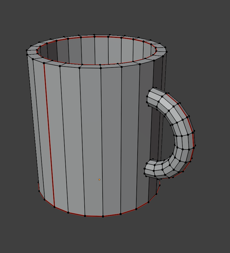 The project mug in Edit Mode with its four marked seams shown in red: a vertical seam down the back of the body, a ring around the bottom where the base separates, a ring around the inner top rim, and a seam running along the inner curve of the handle.