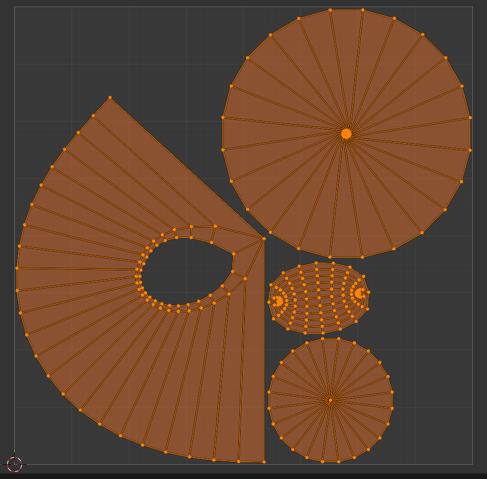 The finished mug UV layout packed into the 0 to 1 UV space, showing four islands: a large fan-shaped outer body island on the left, a bottom cap disc at the top right, the handle as a small barrel grid in the middle right, and an inner body disc at the lower right.