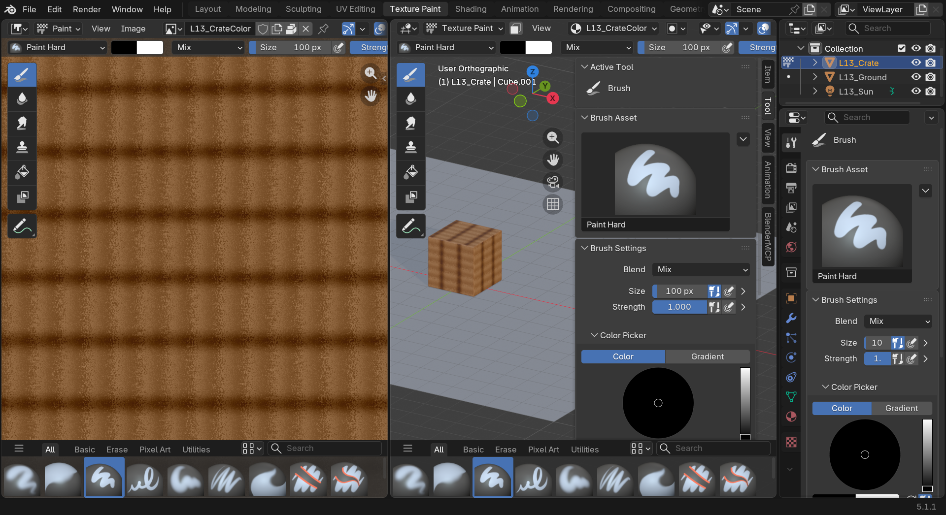 The Texture Paint workspace · Image Editor on the left showing the flat 2D texture · 3D Viewport on the right showing the painted crate · header Texture Slot dropdown · left Brush tools shelf · N-panel Color picker · right Sidebar