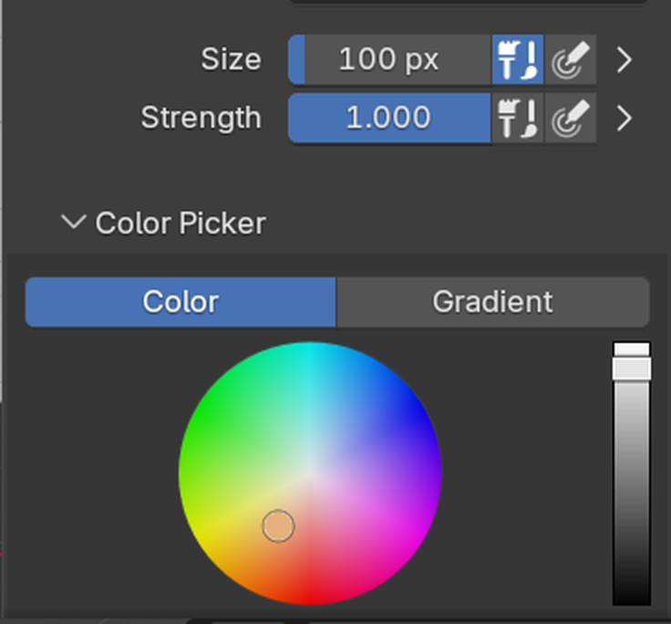 Blender's brush Color Picker in Texture Paint mode, showing the hue and saturation color wheel, the vertical value slider for brightness, and the current selected color marked on the wheel.