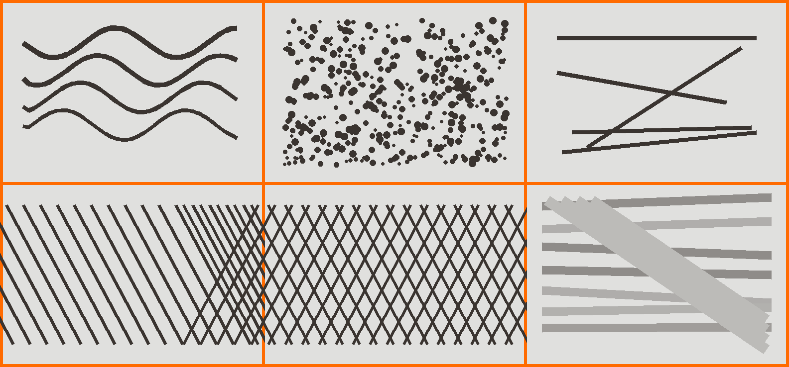 Six-panel guide of painting stroke techniques: continuous, stipple, straight, hatching, cross-hatch, and layered strokes.
