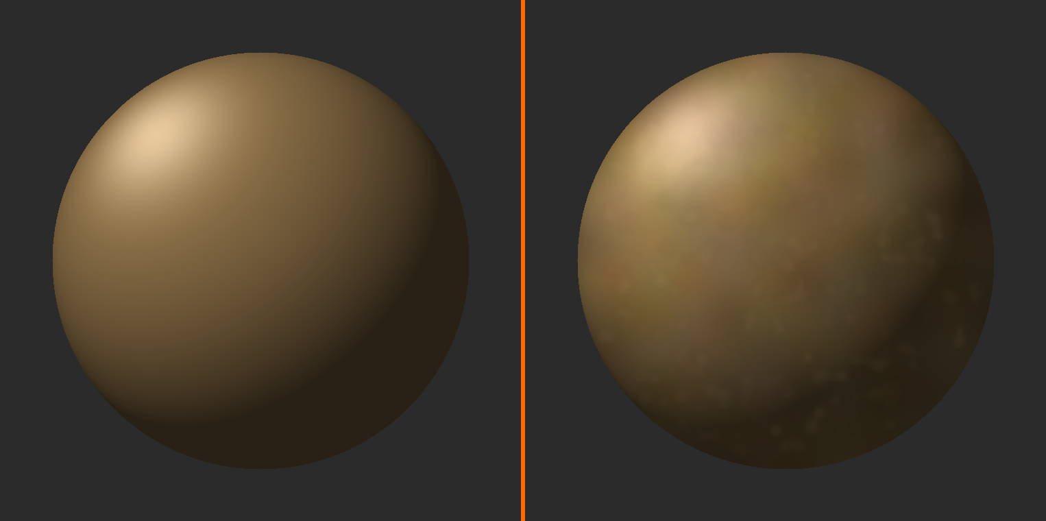 Before and after comparison of flat single-color versus subtly varied color on the same lit sphere.