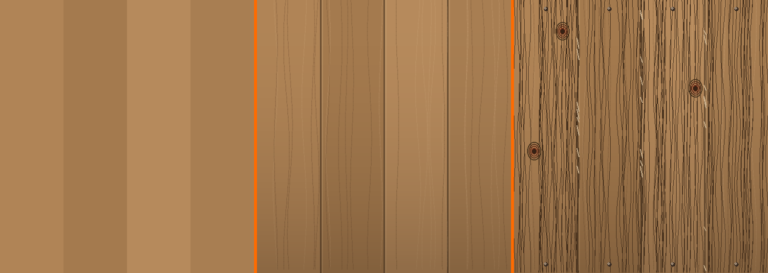 Three-stage texture painting progression on the same wooden surface: base color, mid shading, and fine detail.