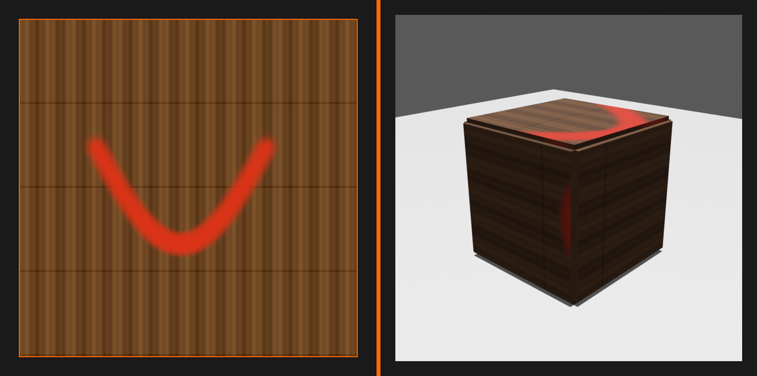 A split view of the Image Editor and the 3D Viewport showing the same brushstroke.