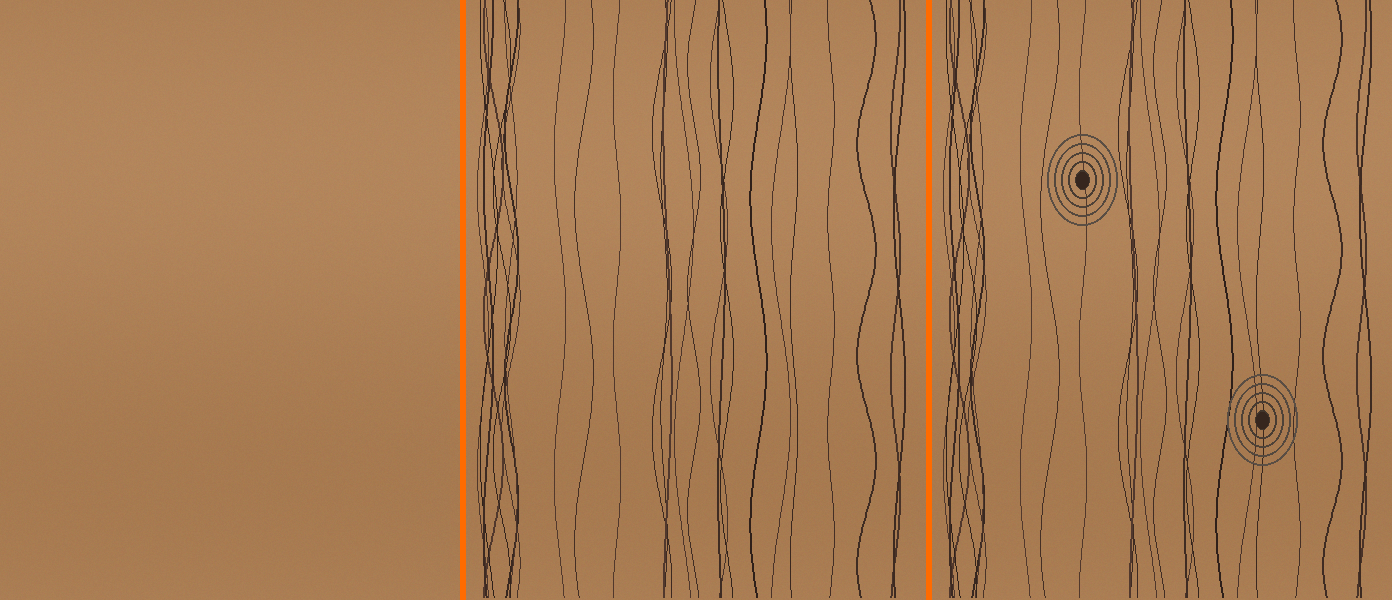 Three-step wood grain painting technique on a flat plank: step one a flat tan base color, step two long wavy dark grain strokes added, step three small ringed knots and detail added.