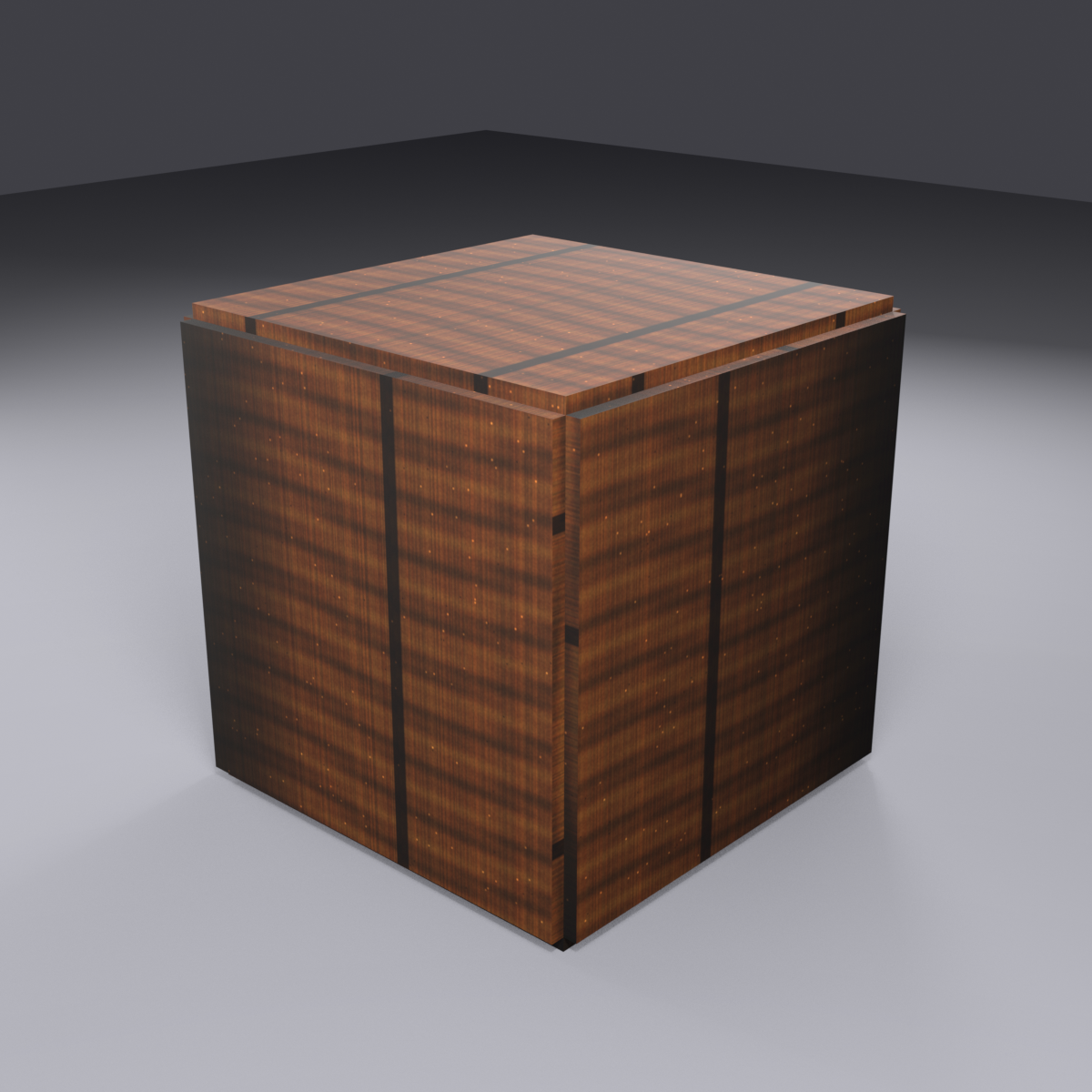 Weathered wooden crate render with callouts marking where to add realistic wear: corners, top edges, the side edges, the front lock area, and the bottom where dirt accumulates.