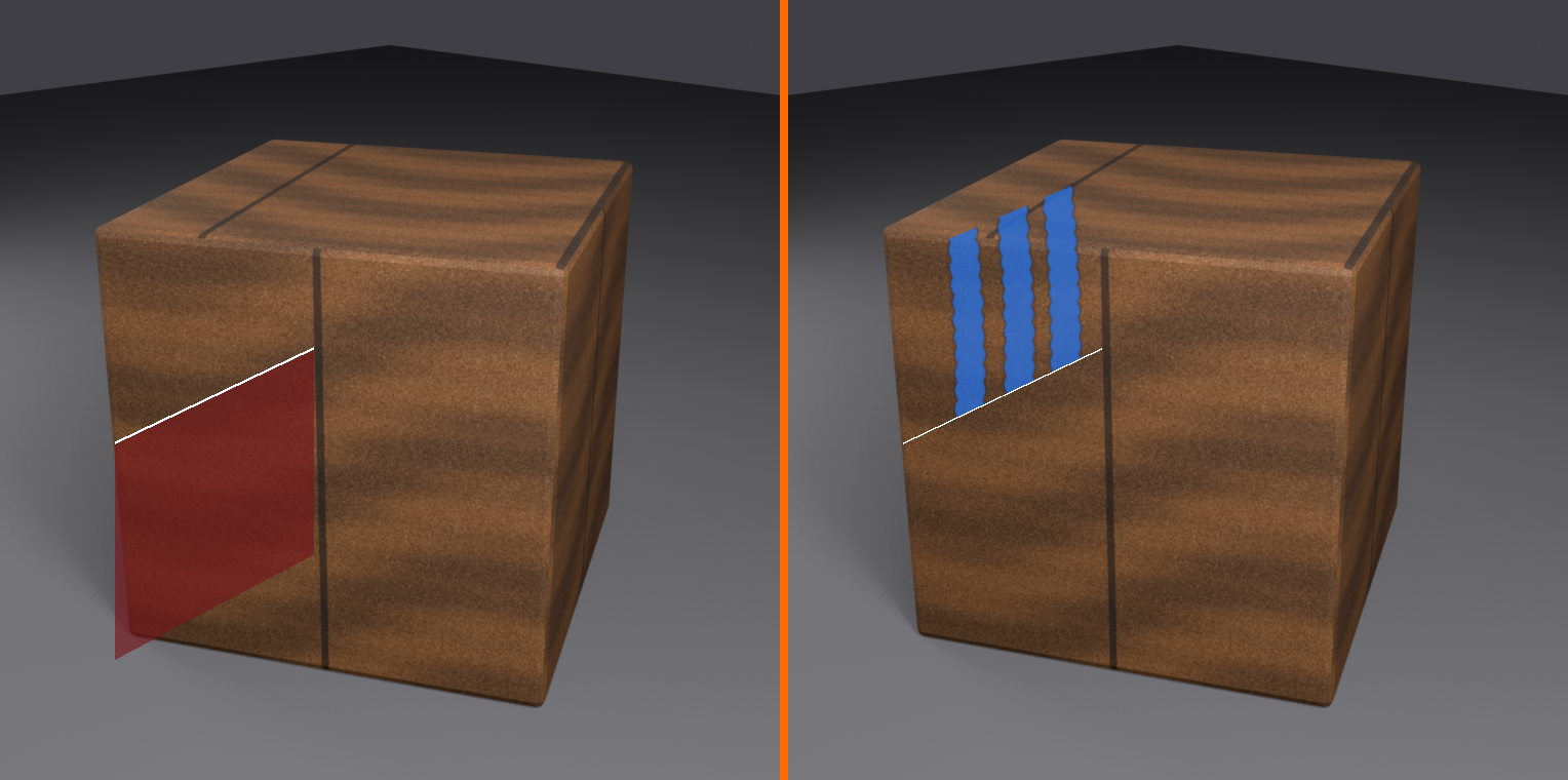 Mask tool visualization. Left panel: a crate face with a red-tinted, darkened protected region below a white mask boundary line. Right panel: blue brush strokes that stop at the mask boundary, painting only in the unmasked area above it.