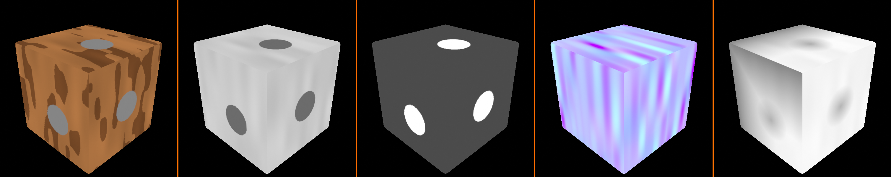 The same wooden crate shown as five PBR texture map types side by side: Base Color (full-color wood grain), Roughness (grayscale, dark equals shiny and light equals rough), Metallic (near-black wood with white metal bolts), Normal (purple-blue surface-angle map), and Ambient Occlusion (grayscale contact shadows in crevices).