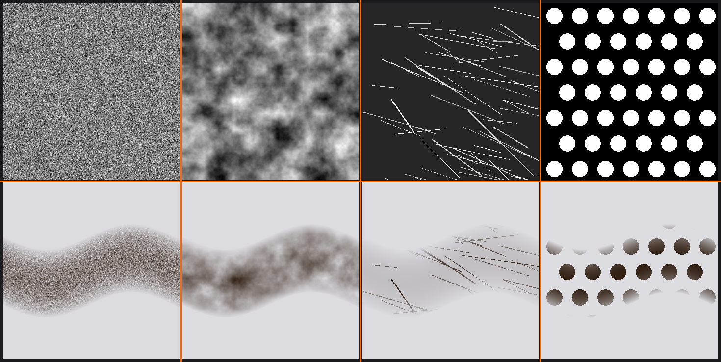 Brush texture examples in a four-by-two grid. Top row shows four brush textures: noise, clouds, scratches, and a custom dot pattern. Bottom row shows the resulting brush stroke for each texture.