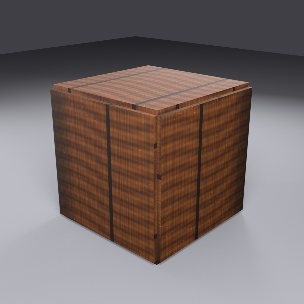 Beauty render of the finished hand-painted wooden crate at a three-quarter angle under studio three-point lighting, showing painted wood grain, color variation, and light weathering on the corners and edges.
