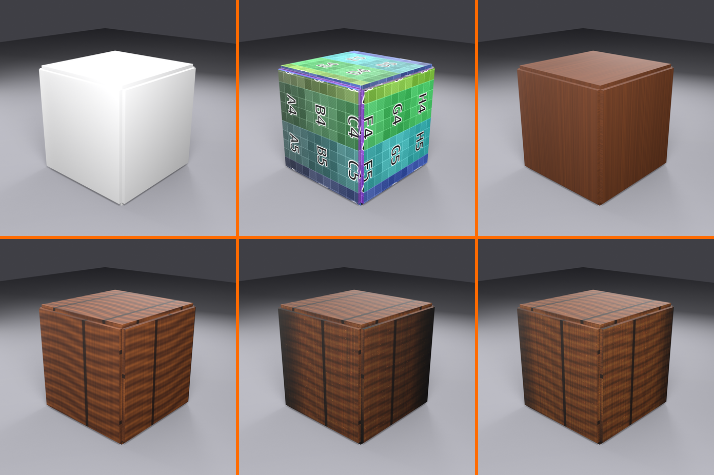 Six-stage progression of the crate project: grey untextured model, UV checker layout, flat base color, base plus wood grain, weathering added, and the final hand-painted result.