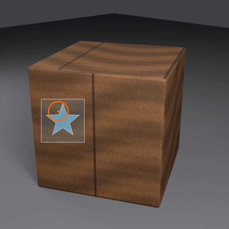 Stencil painting setup. A semi-transparent star stencil image with a bounding frame is projected onto the front face of a wooden crate, with an orange brush cursor ring hovering over it.