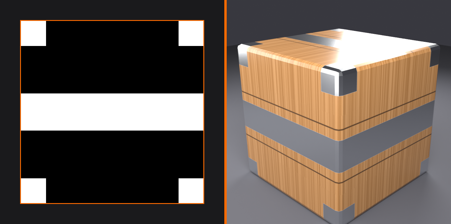A two-panel comparison of a binary metallic mask and its rendered result.
