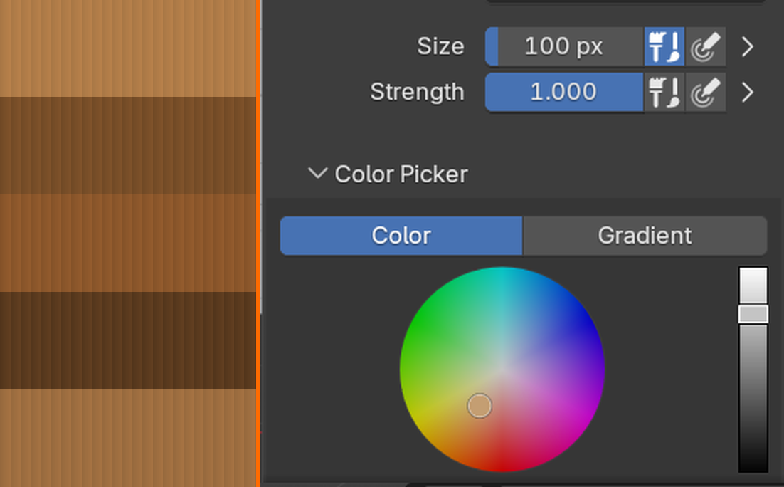 The eyedropper workflow: a wood-tone reference strip on the left and Blender's Color Picker on the right, with the sampled reference band highlighted and an arrow showing the picked color flowing into the picker.