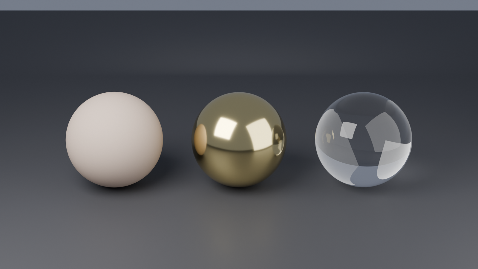 Three identical spheres rendered side by side showing distinct material types: a soft matte diffuse sphere on the left, a reflective gold metallic sphere in the center, and a transparent refractive glass sphere on the right.