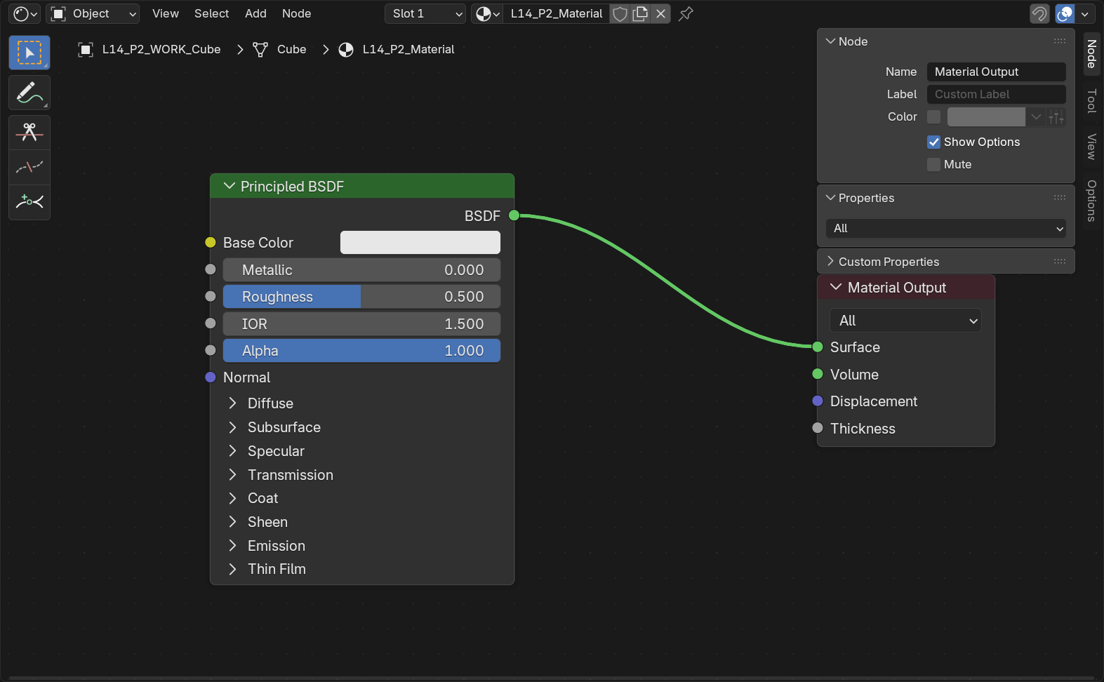The Blender Shader Editor workspace: the node area fills the center, the header with the Add menu runs across the top, the toolbar opened with T is on the left and the sidebar opened with N is on the right, and a default Principled BSDF node is wired into Material Output by a green shader connection.