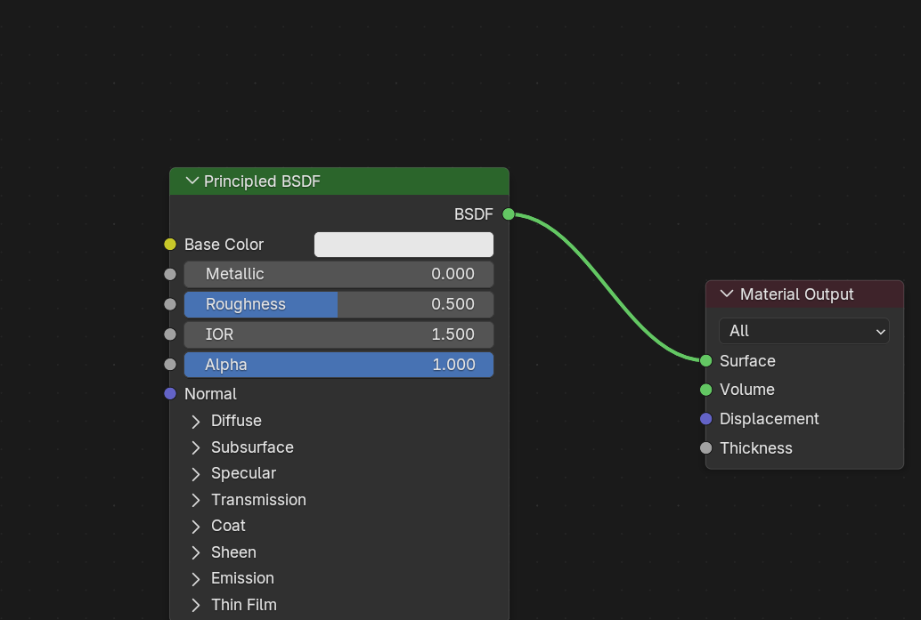 A basic node connection in the Shader Editor: the green BSDF output socket of a Principled BSDF node on the left is wired by a green shader noodle into the Surface input of the Material Output node on the right.