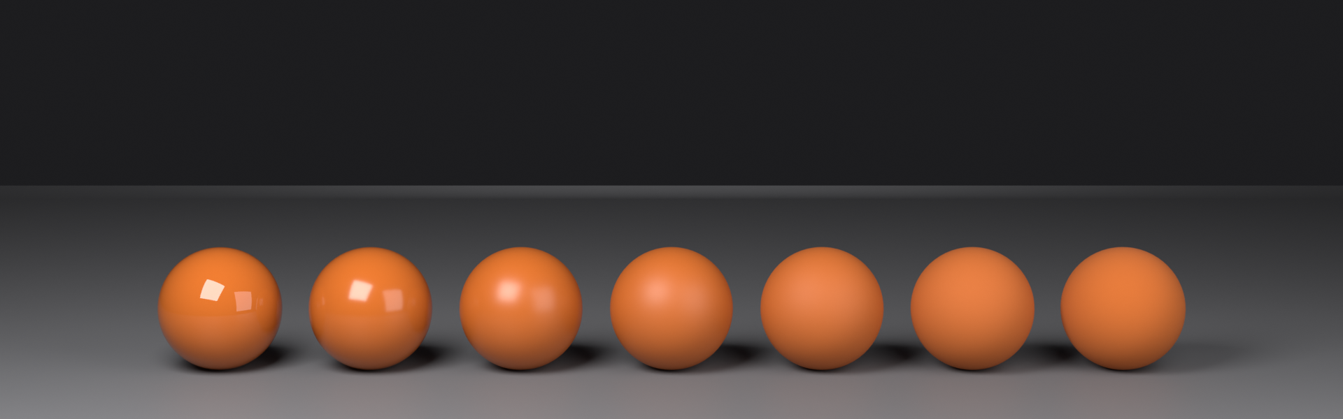 Seven identical spheres showing roughness increasing from 0.0 at the left to 1.0 at the right