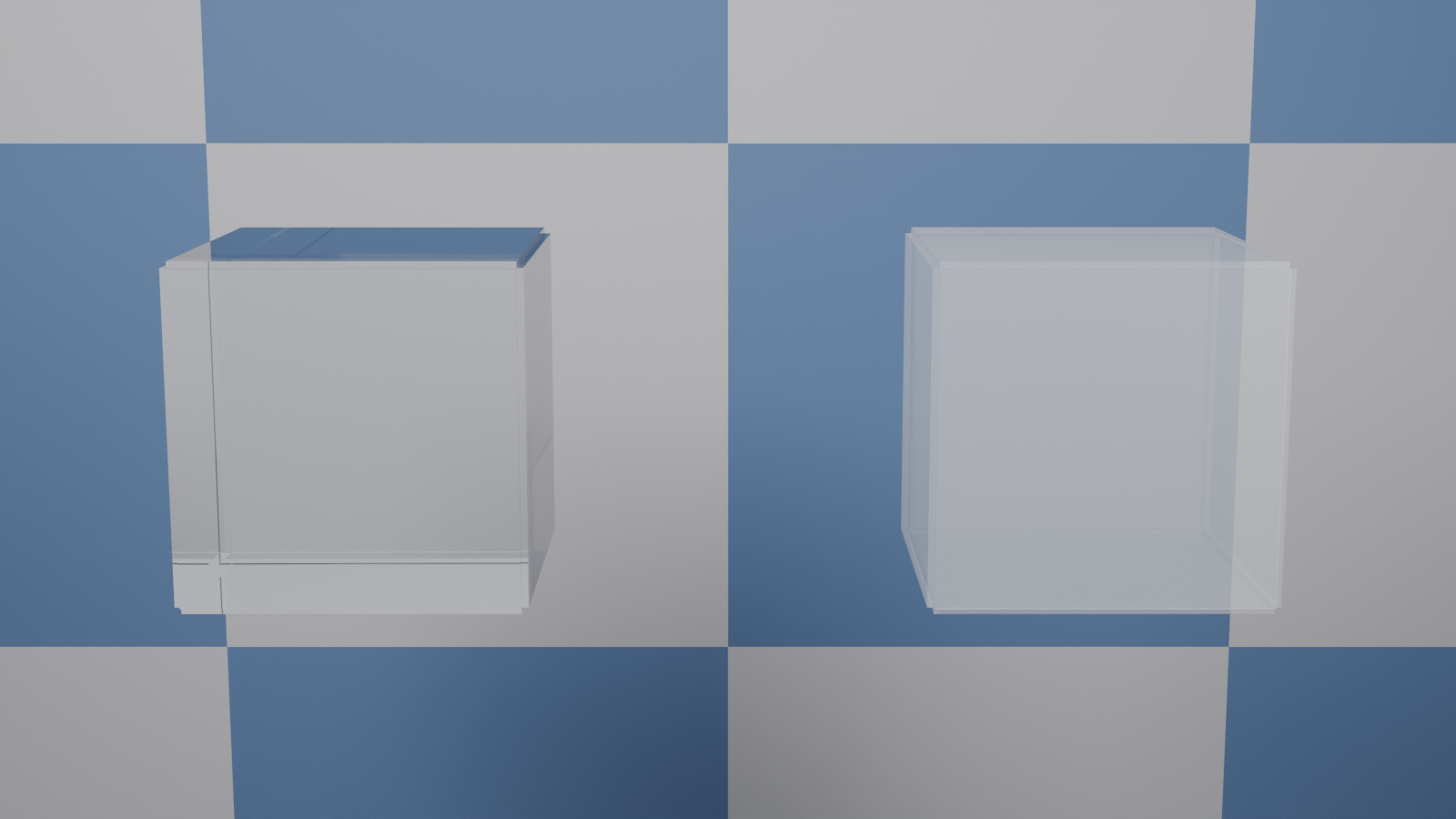 Two cubes over a checker background comparing transmission refraction with alpha transparency