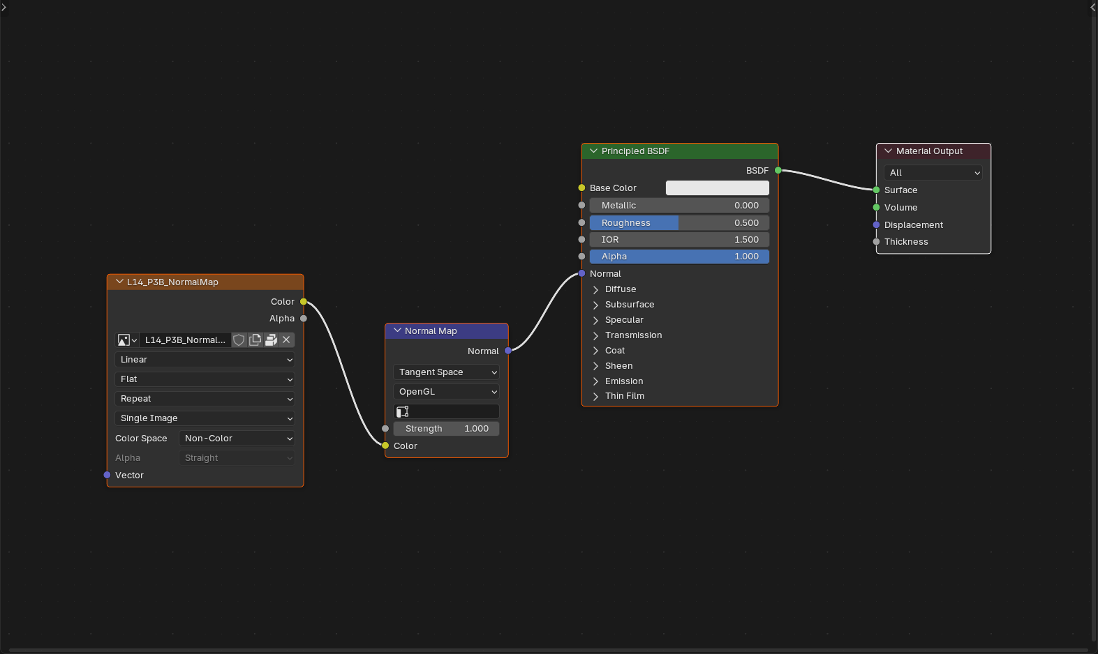Shader node tree: Image Texture set to Non-Color through a Normal Map node into the Principled BSDF Normal input