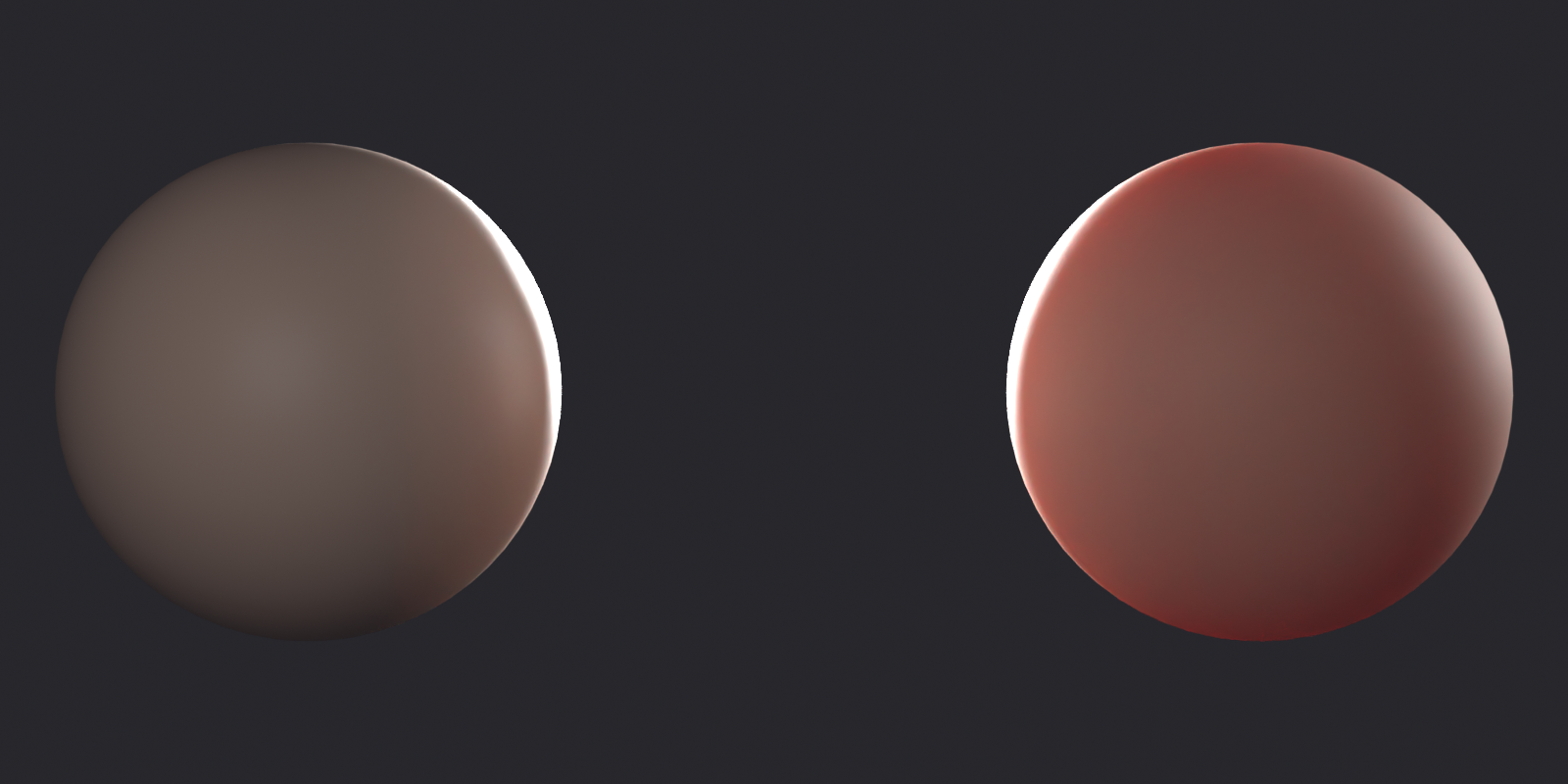 Two peachy spheres comparing subsurface scattering off and on under back lighting