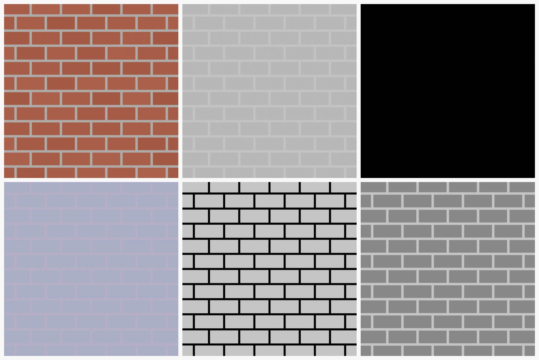 A three by two grid showing the same brick surface rendered as six PBR texture map types: Base Color, Roughness, Metallic, Normal, Height, and Ambient Occlusion.