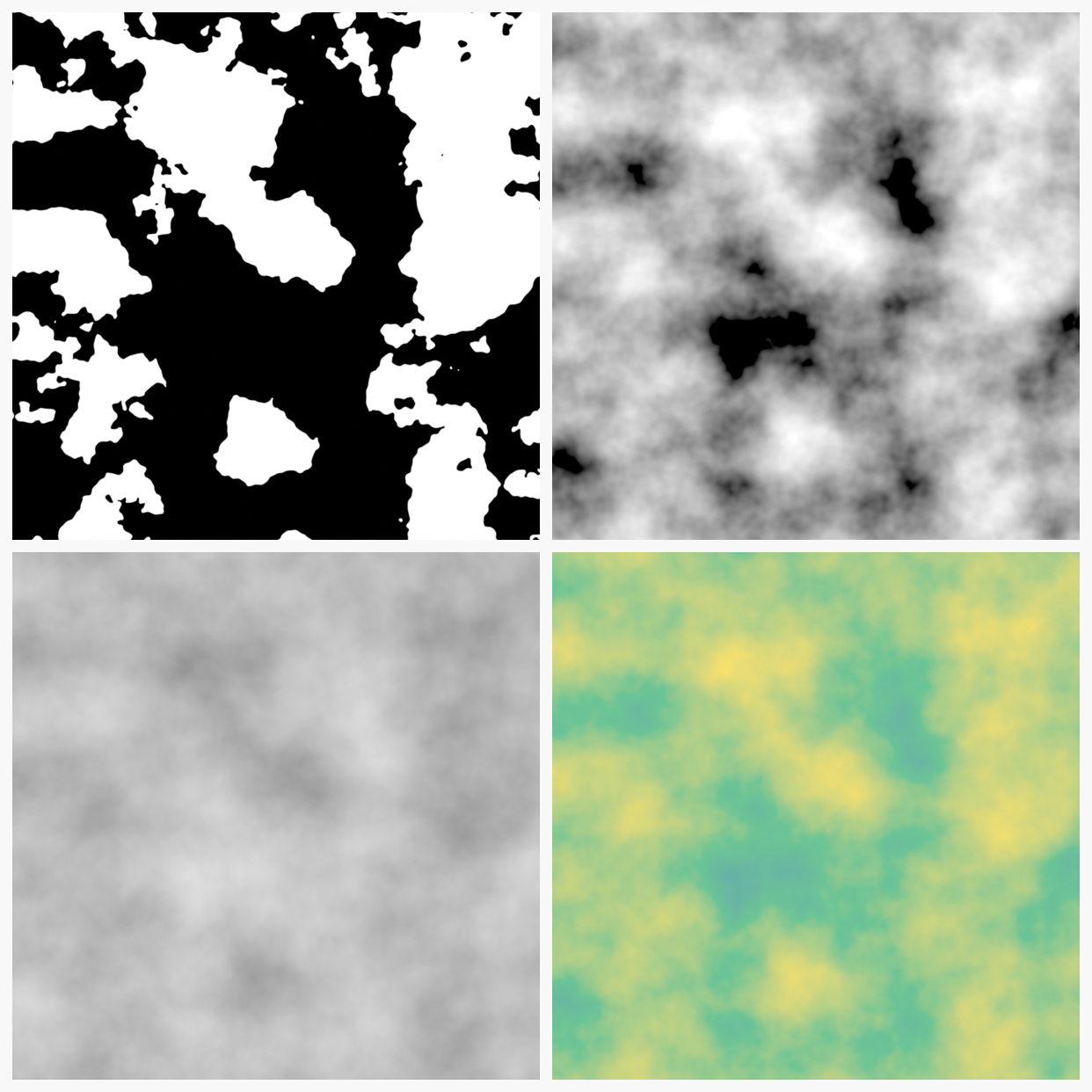 Four ColorRamp techniques applied to the same base noise pattern